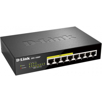 Неуправляемый коммутатор D-LINK DGS-1008P/F3A с 8 портами 10/100/1000Base-T (4 порта PoE 802.3af/at, PoE-бюджет 60 Вт)